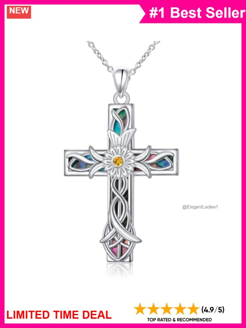 Sterling Silver Sunflower Cross Necklace 18-20" Cable Chain